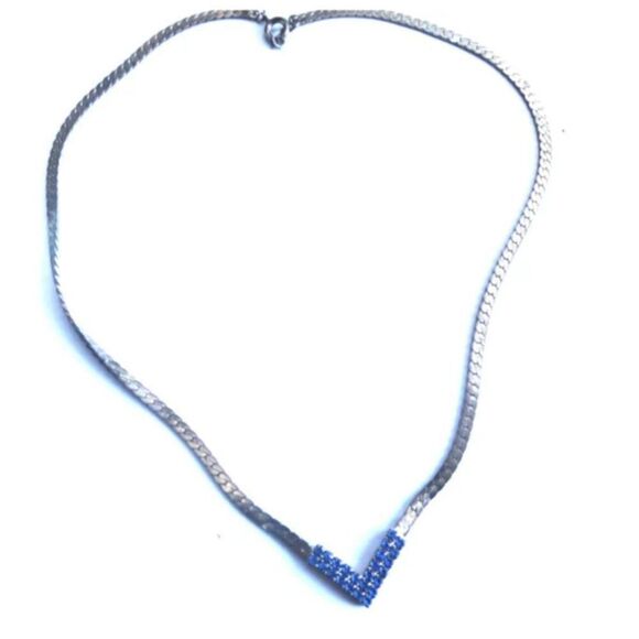 Silver Choker V-tip Necklace with Tiny blue jewel stones - Picture 2 of 6